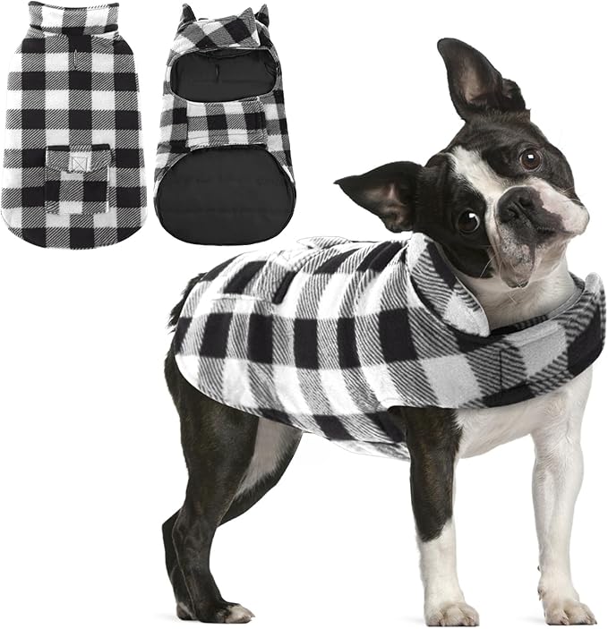 AOFITEE Dog Coat Plaid Dog Winter Coat for Small Dogs, Warm Dogs Jacket Christmas Sweater, Waterproof Pet Puffer Jacket, Reversible Pet Cold Weather Coats for Small Medium Large Pets, Black M