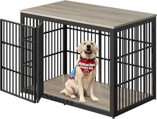 Lyromix 54" Dog Crate Furniture with Foldable Door, XXL Dog Crates for Large Dogs, Wooden Decorative Dog Cage Kennel Indoor End Table, Grey
