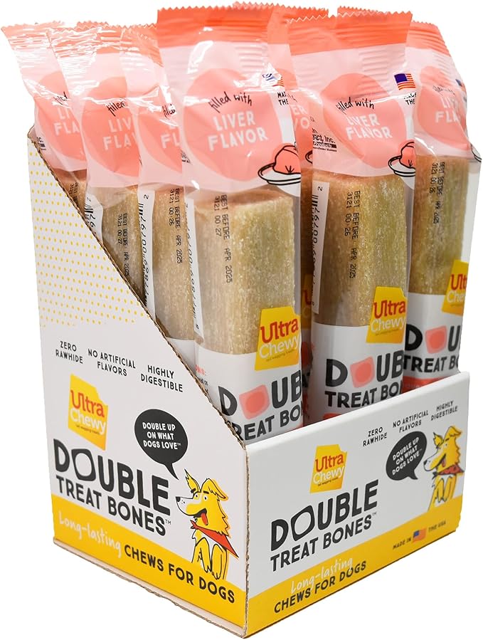 Ultra Chewy Liver Double Treat Bones: Long-Lasting Dog Treats Made in USA for Large and Small Breeds, Highly Digestible, Ideal for Aggressive Chewers (12 Count)