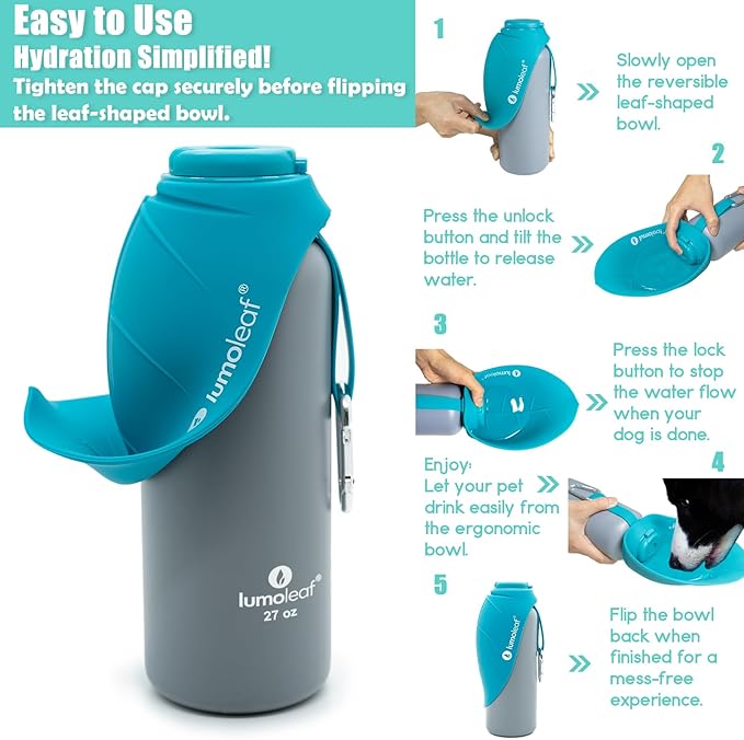 LumoLeaf Insulated Dog Water Bottle 27 oz Stainless Steel - Keep Water Cool or Warm, Portable Pet Water Bowl for Travel, Wide Mouth for Easy Ice Filling & Cleaning