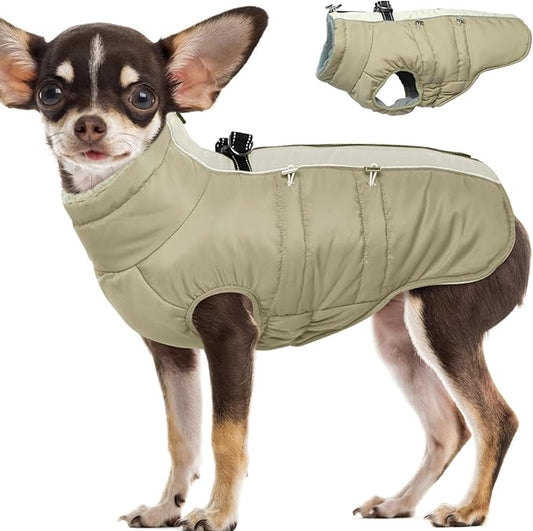 Dog Coat - XS, Warm Zip Up Snowsuit Dog Harness Vest, Reflective Water-Resistant, Apricot