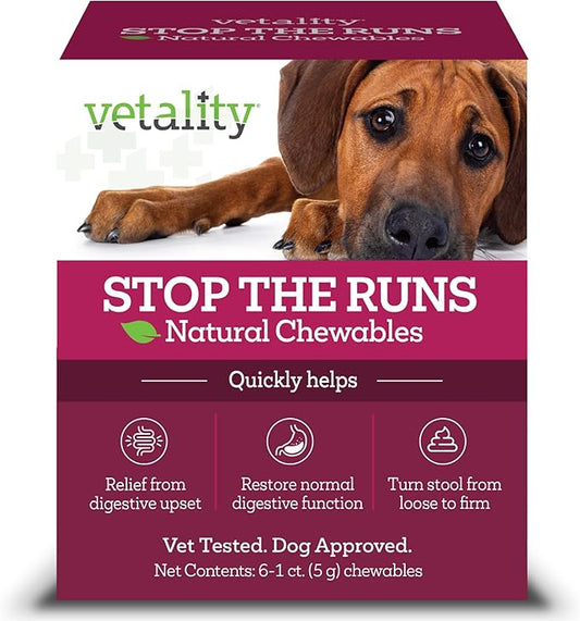 Vetality Stop The Runs | Dog Anti Diarrhea Medicine | 6 Count Chewable | Chicken Flavor