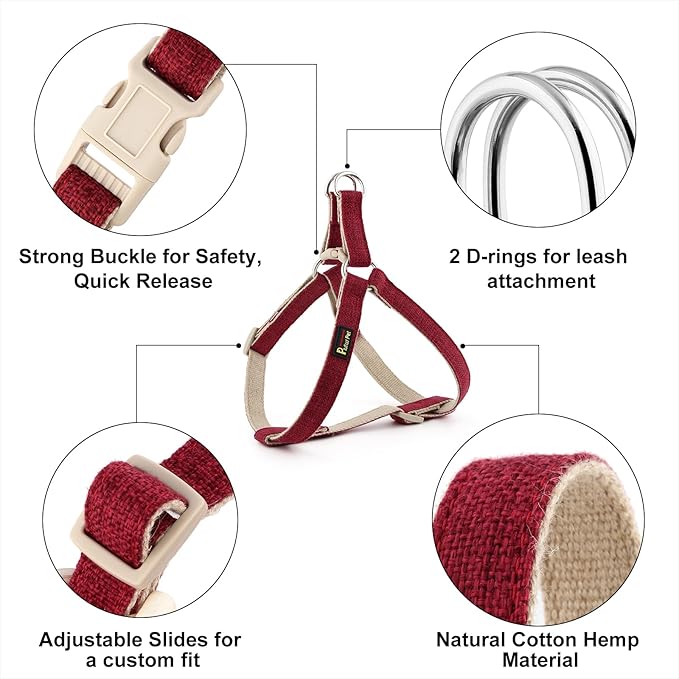 Plutus Pet Cotton Hemp Step in Dog Harness, Sustainable, Lightweight and Escape-Proof, Quick Fit Dog Harness for Puppy Small Medium and Large Dogs, Dark Red, M