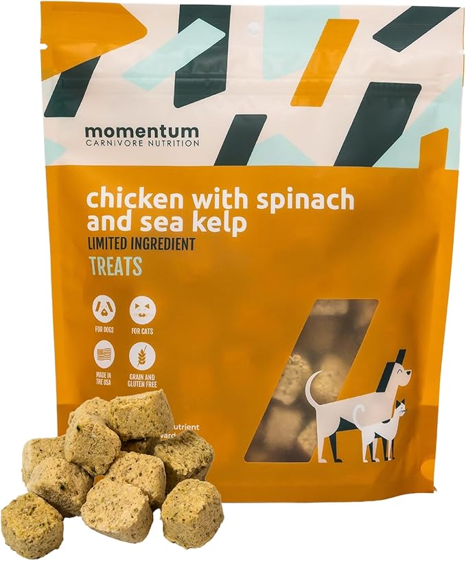 Momentum Carnivore Nutrition Freeze-Dried Chicken, Spinach & Sea Kelp Dog Treats – Single-Ingredient, Dog & Cat Treats – High-Protein, Grain-Free– 3 oz Bag