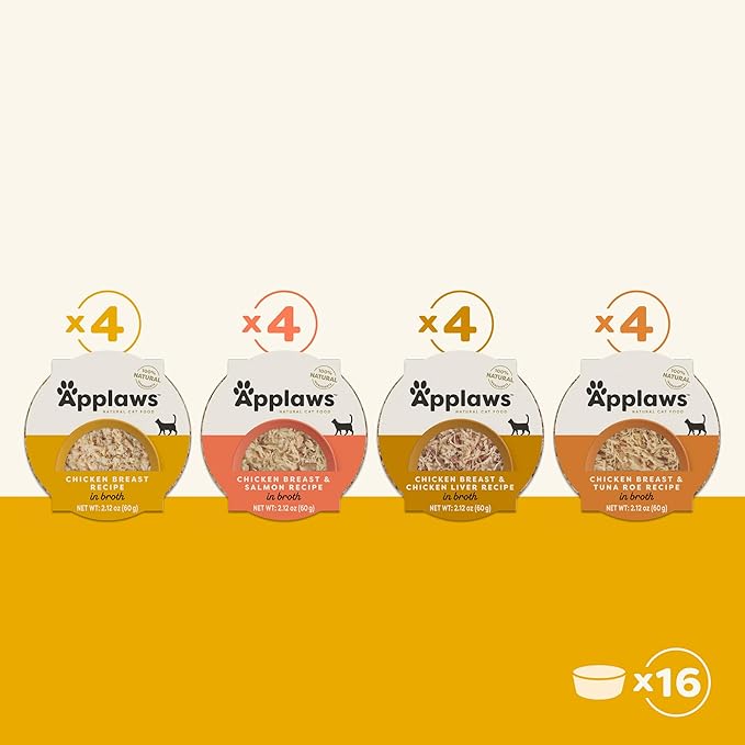 Applaws Natural Wet Cat Food in Broth, Limited and Natural Ingredients, High Protein with No Artificial Additives, Variety Chicken Selection in Broth (16 x 2.12 oz Easy-Open Cups)