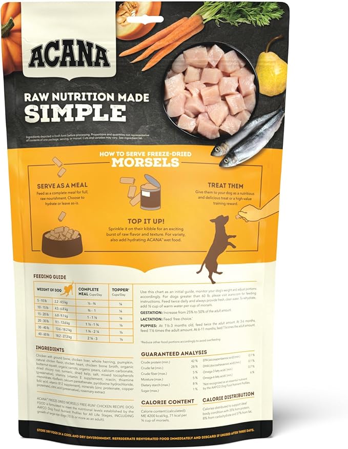 ACANA Grain-Free High Protein Freeze Dried Dog Food & Topper Free-Run Chicken Recipe Morsels 8oz Bag