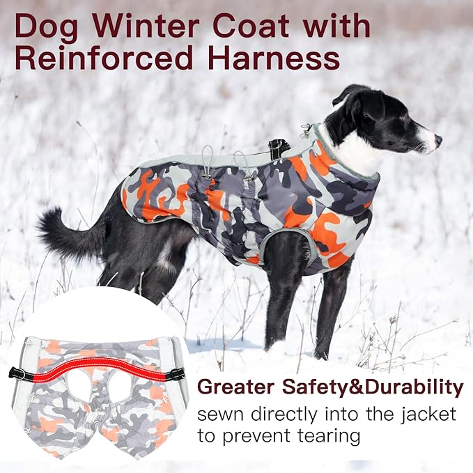 Dog Coat for Large Dogs, Dog Winter Jacket-X Large Warm Dog Coat with Harness Reflective Dog Vest Water-Resistant Dog Snowsuit Dog Snow Jacket for Large Dogs Beagle, Corgi, Orange-Camouflage