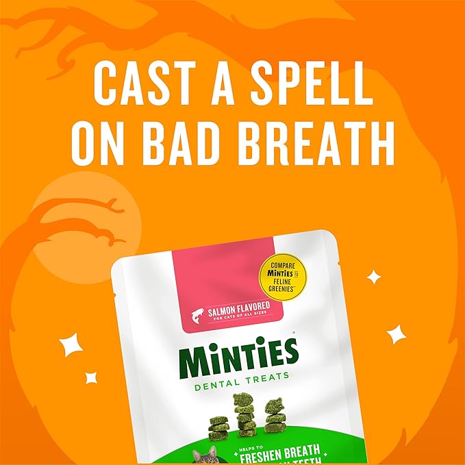 Minties Dental Treats for Cats, Salmon Flavored Treats for Cats, Freshens Breath and Controls Tartar, 30oz (12 2.5oz Bags)