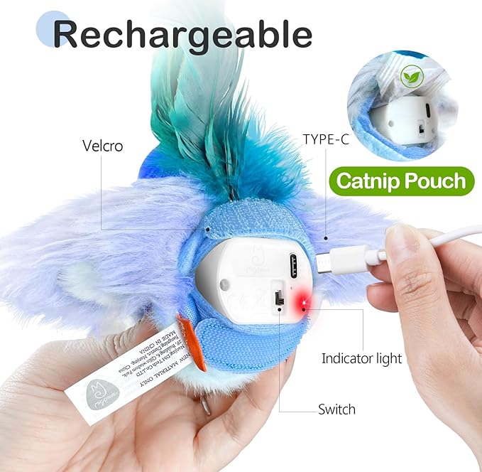 Migipaws Interactive Flapping Bird Cat Toys with Rod, clamp, Elastic String and Catnip, Automatic Chirping Toys for Indoor Cats to Chase, Hanging Feathers for Kitten to Self Play,Rechargeable(Blue)