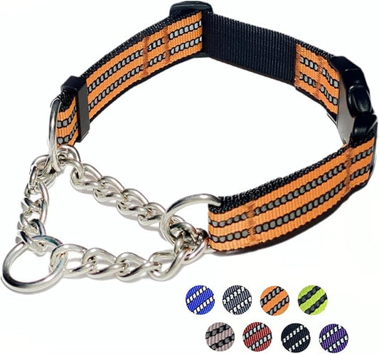 Martingale Dog Collars, Reflective Nylon Collar with Stainless Steel Chain, Adjustable Walking Training Dog Collars with Quick Release Buckle, Suitable for Small Medium Large Dogs(Orange,M)