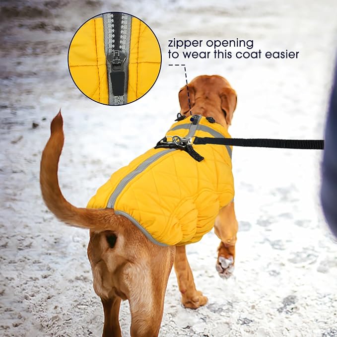 FUAMEY Dog Coat for Small Dogs,Waterproof Dog Winter Jacket with Harness Built in Puppy Cold Weather Coats Reflective Pet Vest with Zipper Warm Fleece Dogs Snowsuit Windproof Yellow XS