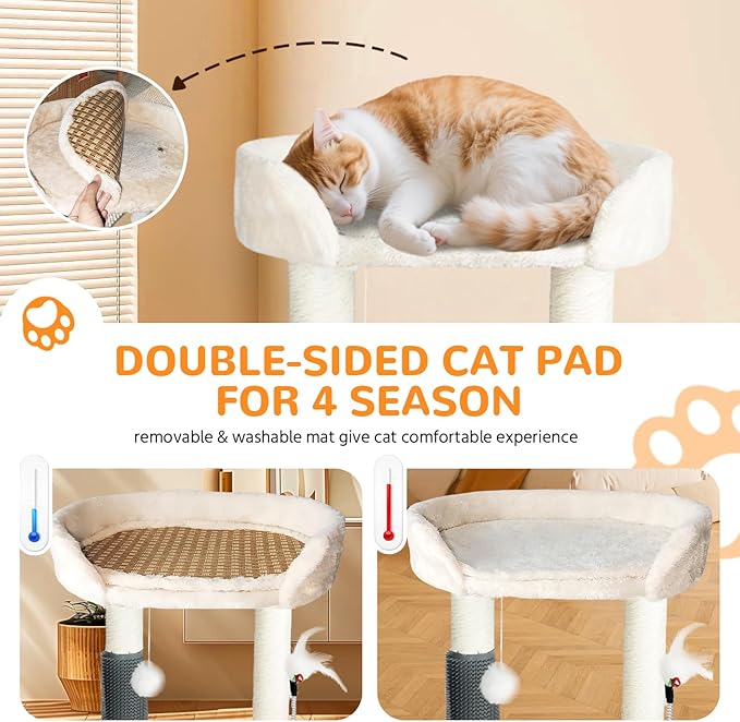 Small Cat Tree Tower, Cat Scratching Post 6-in-1 Cat Tree with Self Groomer Brush, Natural Sisal Scratcher Cute Kitten Scratching Post with Bed, Hanging & Track Toy for Indoor, Beige