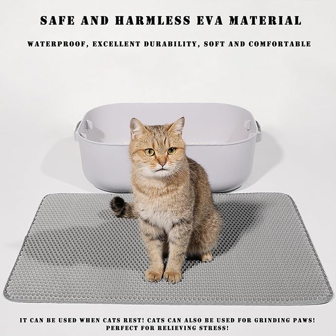HCY&WLD Cat Litter Mat, 45x26/35x24/30x22/24x18 Inch Double Layer Cat Litter Box Mat, EVA Non-Slip, Waterproof Urine Proof Cat Litter Catcher Mat, Easy Clean Scatter Control (35x24 Inch, Black)
