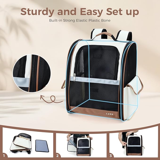 Lekereise Cat Backpack Carrier, Pet Carrier Backpack for Small Dogs Medium Cats Fit Up to 18 Lbs, Dogs Foldable Backpack Carrier for Travel, Hiking, Beige