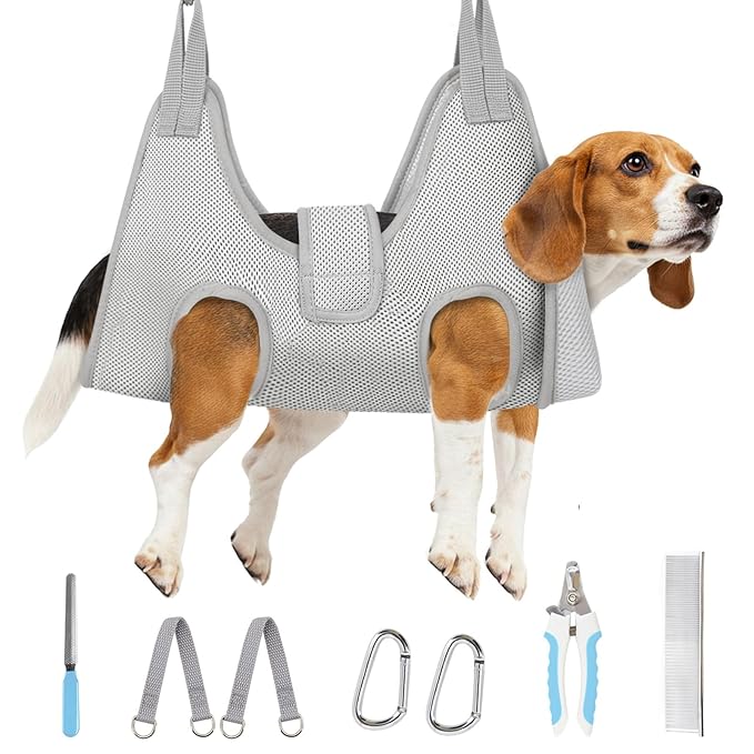 Supet Dog Grooming Hammock for Large Dogs, Dog Hanging Harness for Nail Trimming Doorframe, Pet Holder Restraint for Clipping Nails, Pet Hoist Sling for Cutting Nails at Home (Grey L)