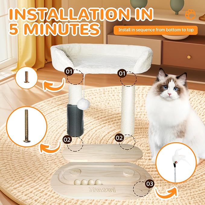Small Cat Tree Tower, Cat Scratching Post 6-in-1 Cat Tree with Self Groomer Brush, Natural Sisal Scratcher Cute Kitten Scratching Post with Bed, Hanging & Track Toy for Indoor, Beige