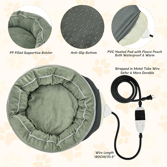 Heated Bed for Cat & Puppy - Electric Warmer with Removable, Waterproof Heater - Washable, Adjustable Timer & Temperature - Small Dog Size (Gray; L)