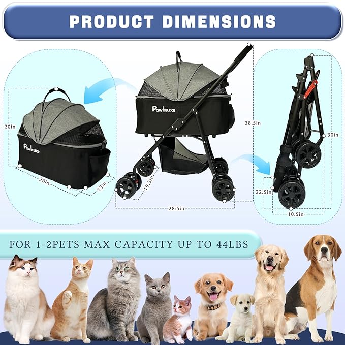 4 Wheels Pet Stroller 4 in 1 Pet Stroller with Detachable Carrier for Small & Medium Dogs Cats up to 55 lbs Easy-Folding Travel Dog Wagon with Car Seat Breathable Mesh,Gray