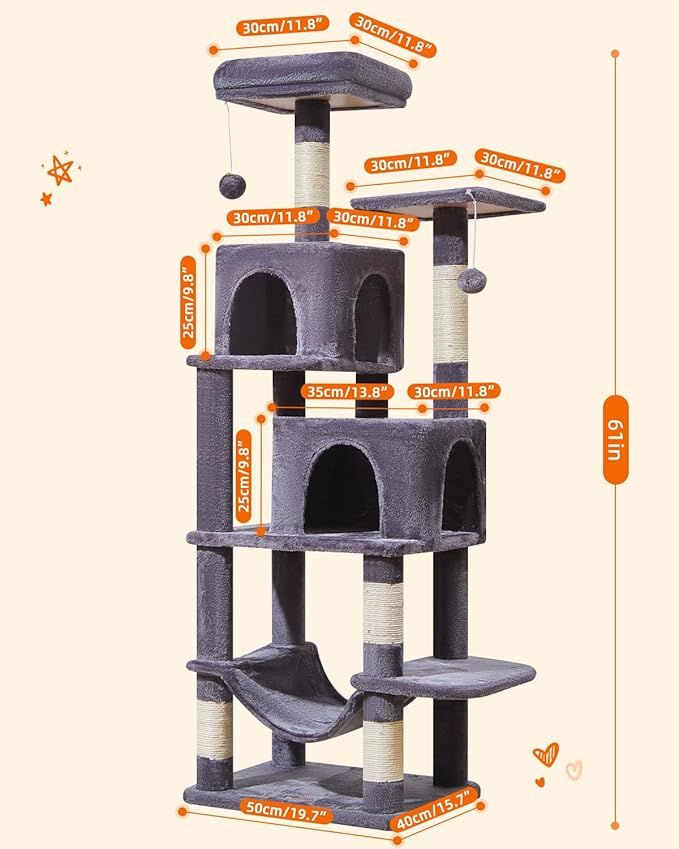 Taoqimiao Cat Tree, 61-Inch Cat Tower for Indoor Cats, Plush Multi-Level Cat Condo with 5 Scratching Posts, 2 Perches, 2 Caves, Hammock, 2 Pompoms, Smoky Gray MS013SG