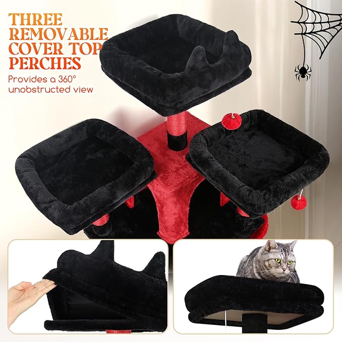 Globlazer Gothic Cat Trees and Towers for Multiple Adult Cats, 82-inch XXL Tall Goth Cat Tree Tower for Indoor Cats with Scratching Post, 3 Perches, 2 Condos, 2 Hanging Baskets, F82, Black Red