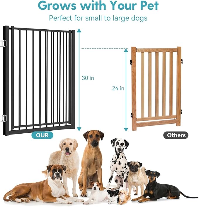 No Pawblems Free Standing Dog Gate with Door, 30'' Tall Foldable Dog Fence for Indoor & Outdoor, Up to 52 Inch Extra Wide Puppy Gate for Stairs, Hallways, Doorways, Deck, Yard (Black, 2 Panels)