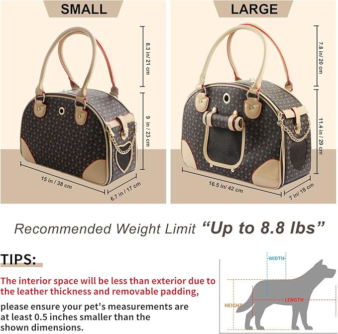 Fashion Dog Carrier PU Leather Dog Handbag Dog Purse Cat Tote Bag Pet Cat Dog Hiking Bag, Brown, Large 42 * 29 * 18cm