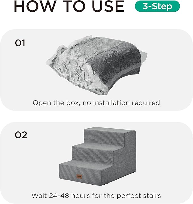 Made4Pets Dog Stairs for Small Dogs, Extra Wide Dog Steps for Bed Couch Sofa and Chair, 35D Foam Pet Steps for Small Dogs and Cats(Up to 40lbs), Non-Slip Bottom Pet Stairs, Grey, 3 Steps