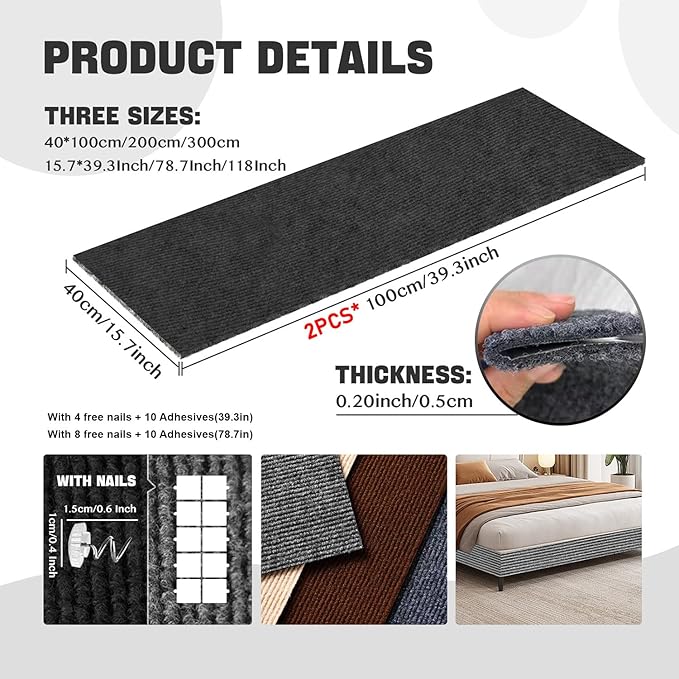 Cat Scratching Climbing Carpet Mat, Adhesive Trimmable Cat Post Covered Pad Replacement for DIY Cat Tree Shelf Couch Corner Wall Cat Scratcher Furniture Protector (Black, 78.7x15.8In)