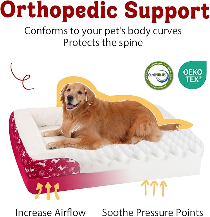 Christmas Washable Orthopedic Large Dog Bed - Removable Orthopedic Foam Pet Couches with Bolsters Waterproof Large Dog Bed and Non-Slip Bottom Extra Large Pet Sofa - Red
