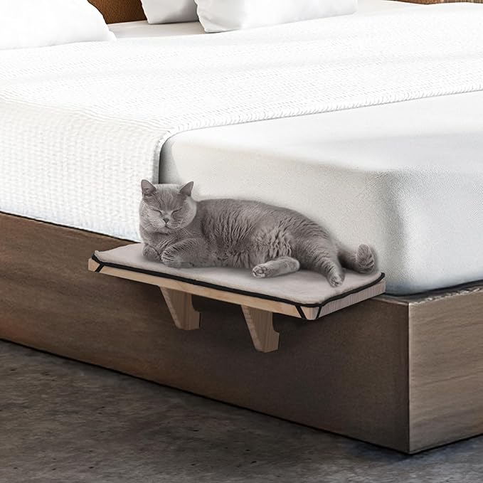 PETSFIT Window Perch, Cat Hammock Window Seat with Natural Solid Wood&Removable Fleece Mat,Safety Sturdy Cat Bed for Windowsill, Bedside and Drawer