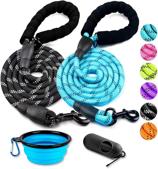 COOYOO 2 Pack Dog Leash 6 FT Heavy Duty - Comfortable Padded Handle - Reflective Dog Leash for Medium Large Dogs with Collapsible Pet Bowl Set 2-Black+Blue
