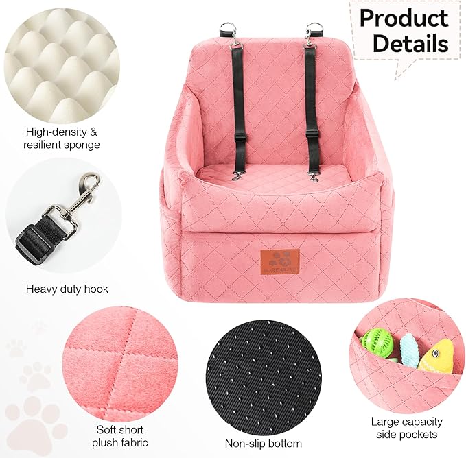 Dog Car Seat for Small/Medium Dogs, Dog Booster Car Seats with Thick Cushion for Dogs Under 35lbs, Detachable Washable Pet Bed with Storage Pockets, 2 Safety Belts (Pink)
