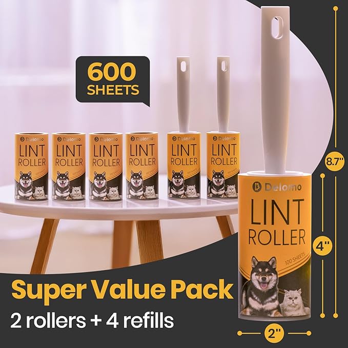 DELOMO Lint Roller 600 Sheets (2 Rollers + 4 Refills) - Lint Rollers for Pet Hair Extra Sticky, Mega Value Pet Hair Removal Tool for Clothes/Couch/Furniture/Car - Keep Your Home Tidy