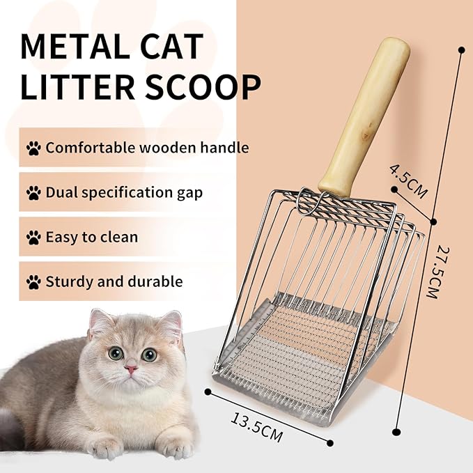 Cat Litter Scoop, Premium Kitty Shovel with Hook and Hole, Metal Sifter Scooper Stainless Steel for Easy Cleaning, Durable and Heavy Duty, Odor-Free for Litter Box (Only Scoop)