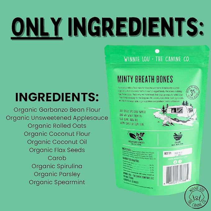 Winnie Lou Organic Healthy Dog Treats – All Natural Crunchy Dog Biscuits Made in USA with Organic Ingredients from Colorado Farms – for Small, Medium, Large Dogs - Minty Breath Bones (Pack of 2)