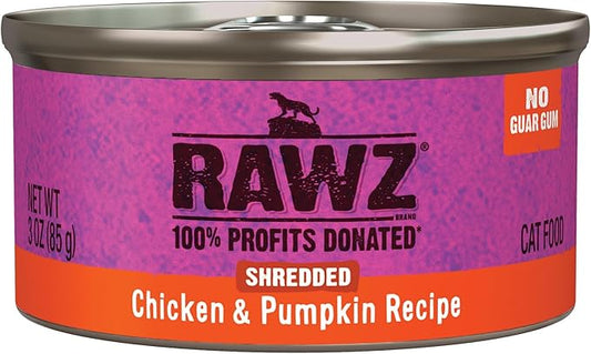 Rawz Natural Premium Shredded Canned Cat Wet Food - Grain Free Made with Real Meat Ingredients No BPA or Gums - 3oz Cans - 18 Count (Chicken & Pumpkin)