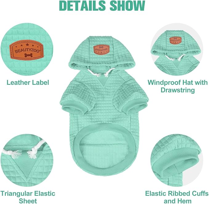 BEAUTYZOO Small Dog Hoodie Sweater with Pockets, Dog Clothes for Small Medium Dogs Boy Girl, Waffle-Like Laminated Cotton Pet Coats with Hat and Leash Hole, Mint Green SM