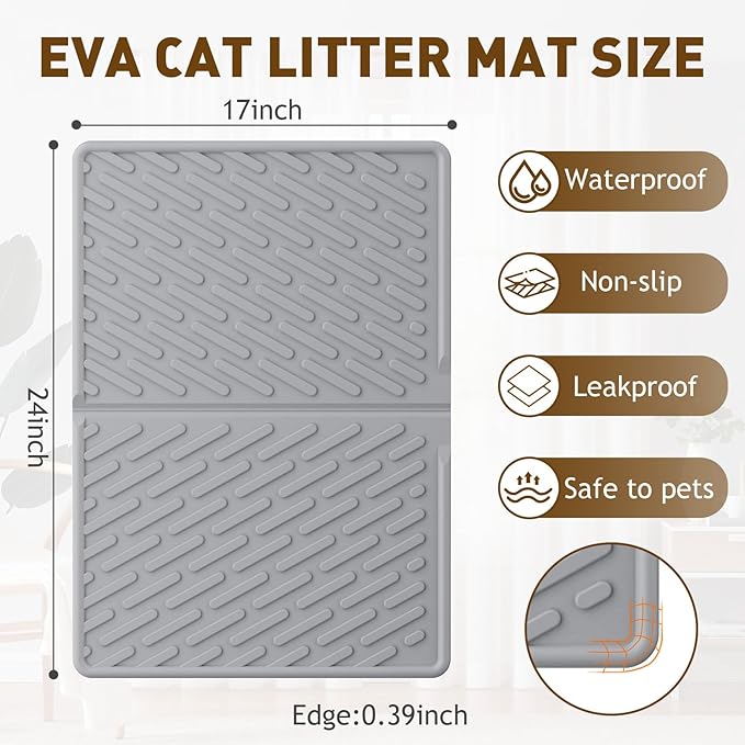 Cat Litter Mat with Grooves & Raised Edge, Urineproof/Waterproof, Litter Scattering Control, Easy to Clean & Recycle (24 * 17in-Grey-1 Pack)