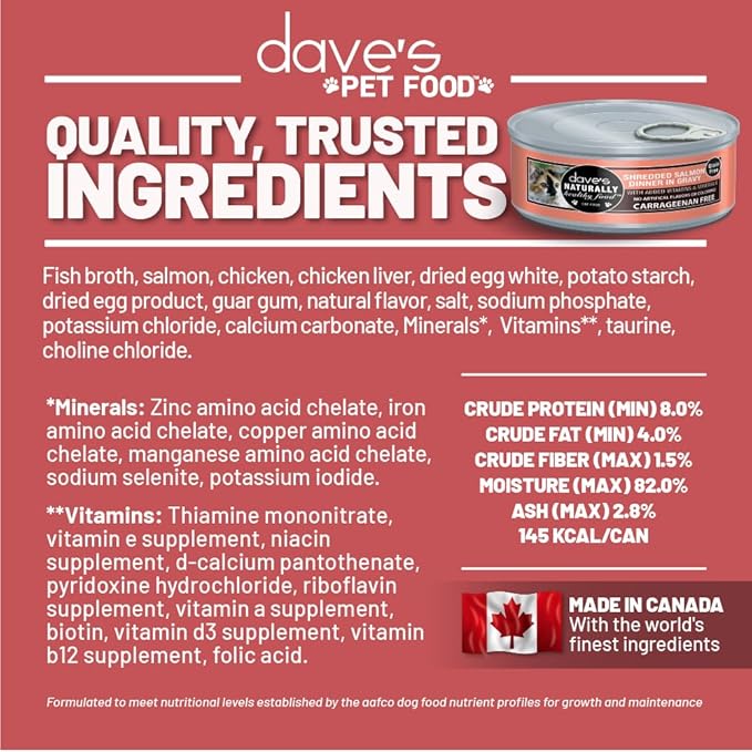 Dave's Pet Food Grain Free Wet Cat Food (Shredded Salmon in Gravy), Made in Canada Naturally Healthy Canned Cat Food, Added Vitamins & Minerals, Wheat, GMO & Gluten-Free, 5.5 oz (24 Pack)