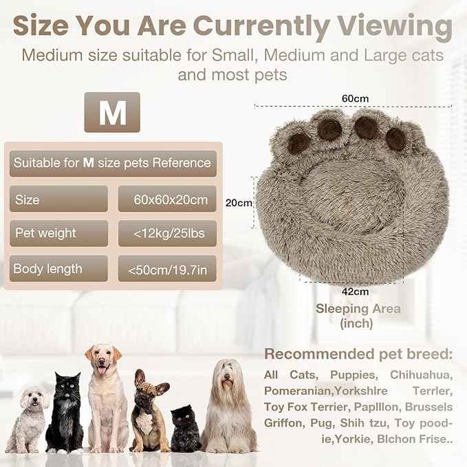 Calming Dog Bed Cat Bed Medium Size Dog - Donut Washable Medium Pet Bed, Warm Kitten Nest 24 inches Anti-Slip Round Fluffy Plush Faux Fur Cat Bed, Fits up to 25 lbs Pets, (Premium Brown)
