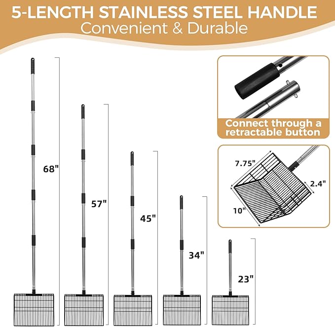 Cat Litter Scoop, Long Handle Detachable Metal Scooper with Deep Sifting Shovel,Heavy Duty Adjustable No Bending Back Pet Poop Shovel Chicken Poop Scooper (23-68 inch (Joinable Handle))