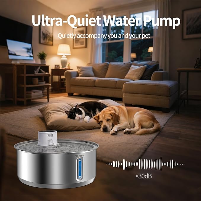 Wireless Dog Water Fountain, Petsamuse 5000mah Battery Operated Water Fountain for Dogs, 2.1Gal/8L Stainless Steel Cat Water Fountains for Cats & Dogs, Ultra-Quiet Water Bowl Dispenser with 13 Filters