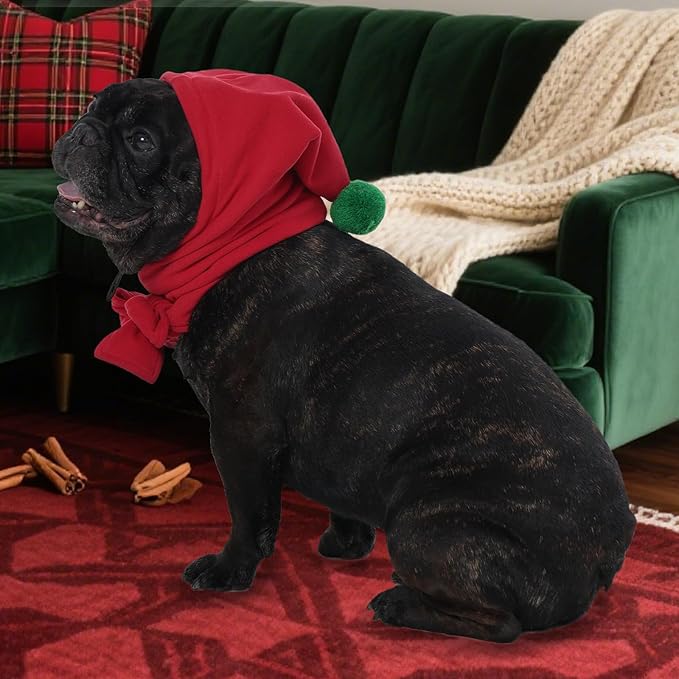 DENTRUN Dog Winter Hat with Scarf & Pom Pom - Adjustable Fleece Hood for Small Dogs, Christmas Costume, Red (S:8-10" Head Girth)