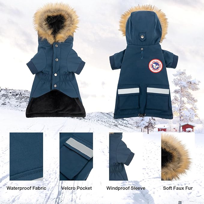 PINA Small Dog Coats - Waterproof & Warm Winter Jacket with Faux Fur Hood & Pocket