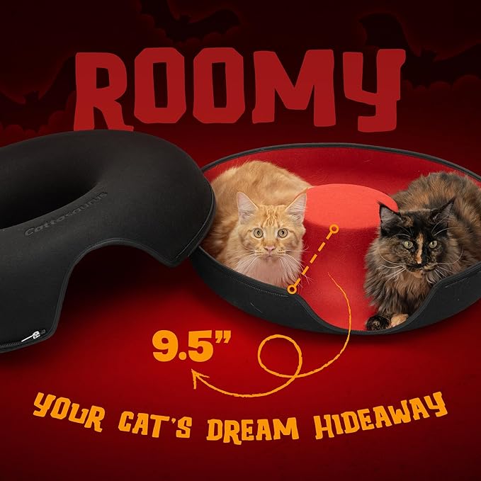 Cattasaurus Halloween Peekaboo Cat Cave, Extra Spacious for Multiple & Large Cats 15+ lbs, Scratch Detachable Cat Beds for Indoor Cats, Washable Tunnel Bed, Comfy Cat Donut Tunnel (Gothic Bat, Jumbo)
