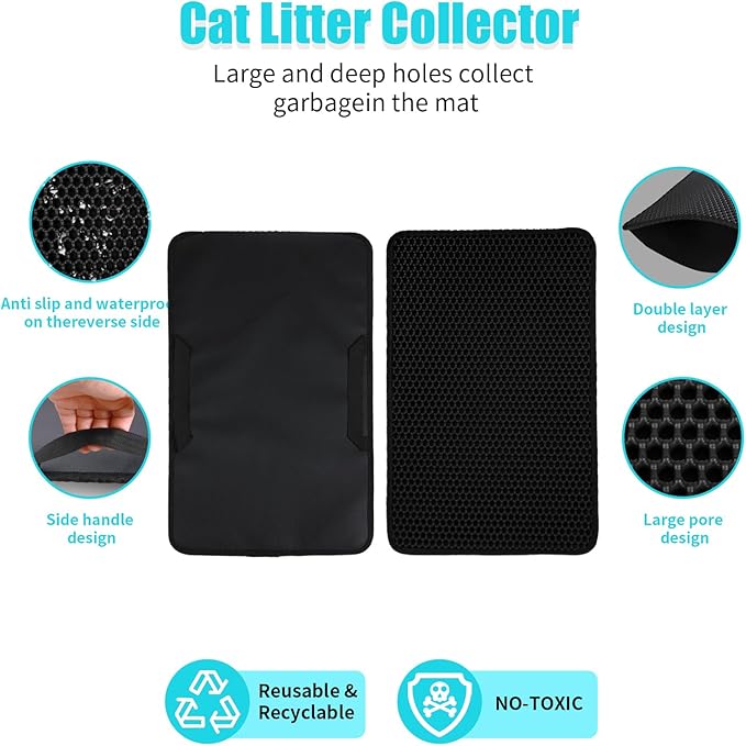 Cat Litter Mat, Kitty Litter Collector, Double Layered Honeycomb Design Waterproof, Anti Urine, Anti Slip, Easy to Clean, Limit Garbage (35"x24", Black)