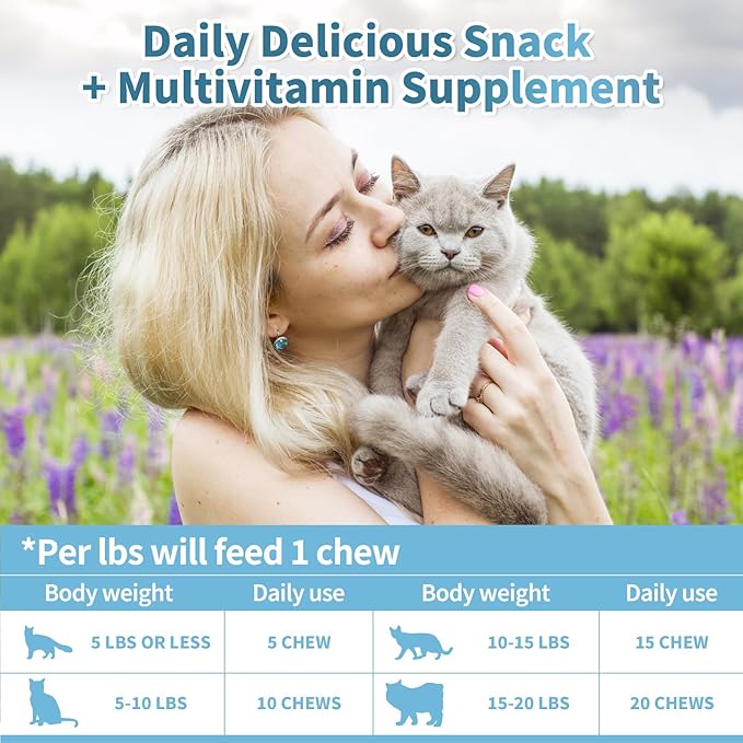 Cat Multivitamin, Crunchy & Creamy Cheese Chew– Supports Energy and Skin & Coat – with Taurine, B-Complex, Zinc Methionine & Selenium Yeast – Daily Health Supplement for Cats of All Ages (500 Chew)