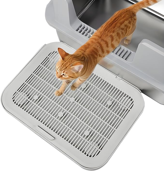 Elevated Cat Litter Mat Litter Box Mat with a Flip-top Lid,Double-Layer Kitty Trapping Mats for Floor,Cat Trapping Pad with Non-Slip Base,Durable,Waterproof,Washable,Easy to Clean (Grey)