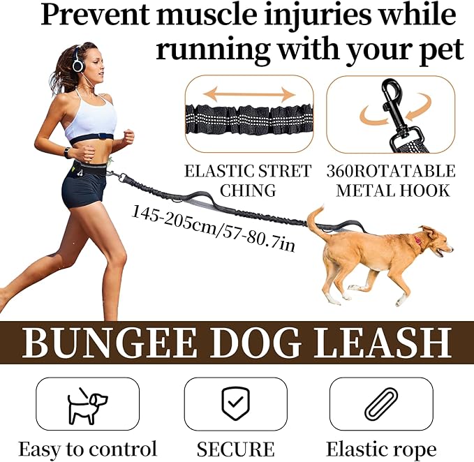 Waist Leash for Dog Walking, Waist Running Leash with Zipper, Walking Pouch for Dog Walking, Reflective Dual Padded Handles Walking Leashs, Bungee Retractable Running for Medium to Large Dogs