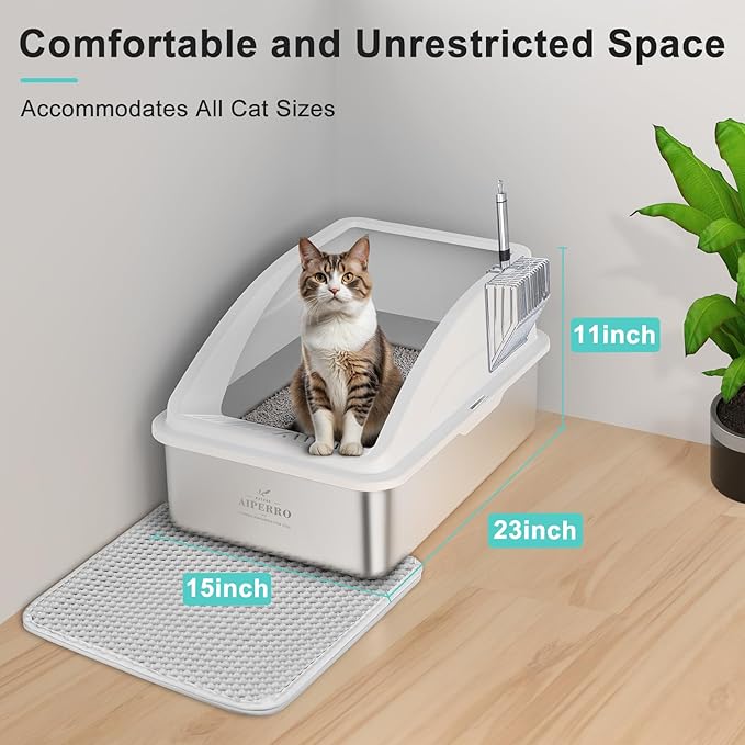 2 Pack Stainless Steel Litter Box | XL Enclosed Cat Litter Boxes with Lid for Big Cats and Multi-Cats | High Sided, Anti-Urine Leakage | Non-Stick Bottom（Silver Gray）